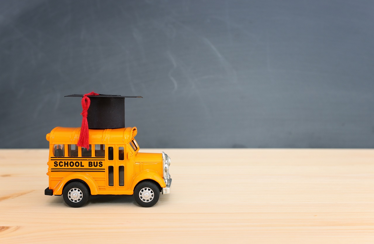 School bus wearing a graduation cap
