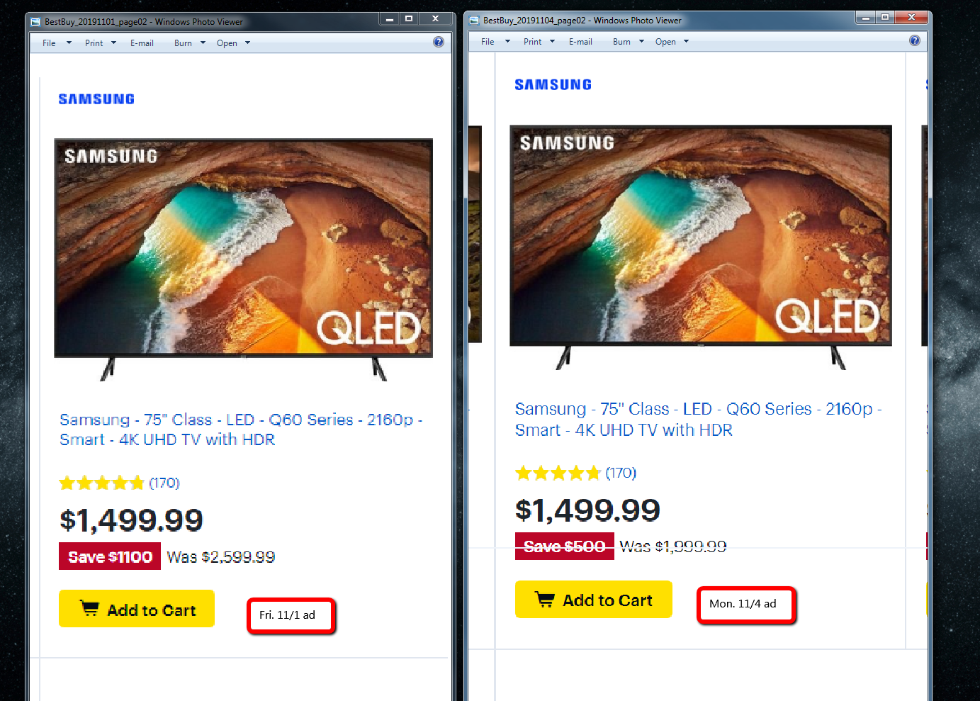 best buy ad images for the same tv with different shelf prices