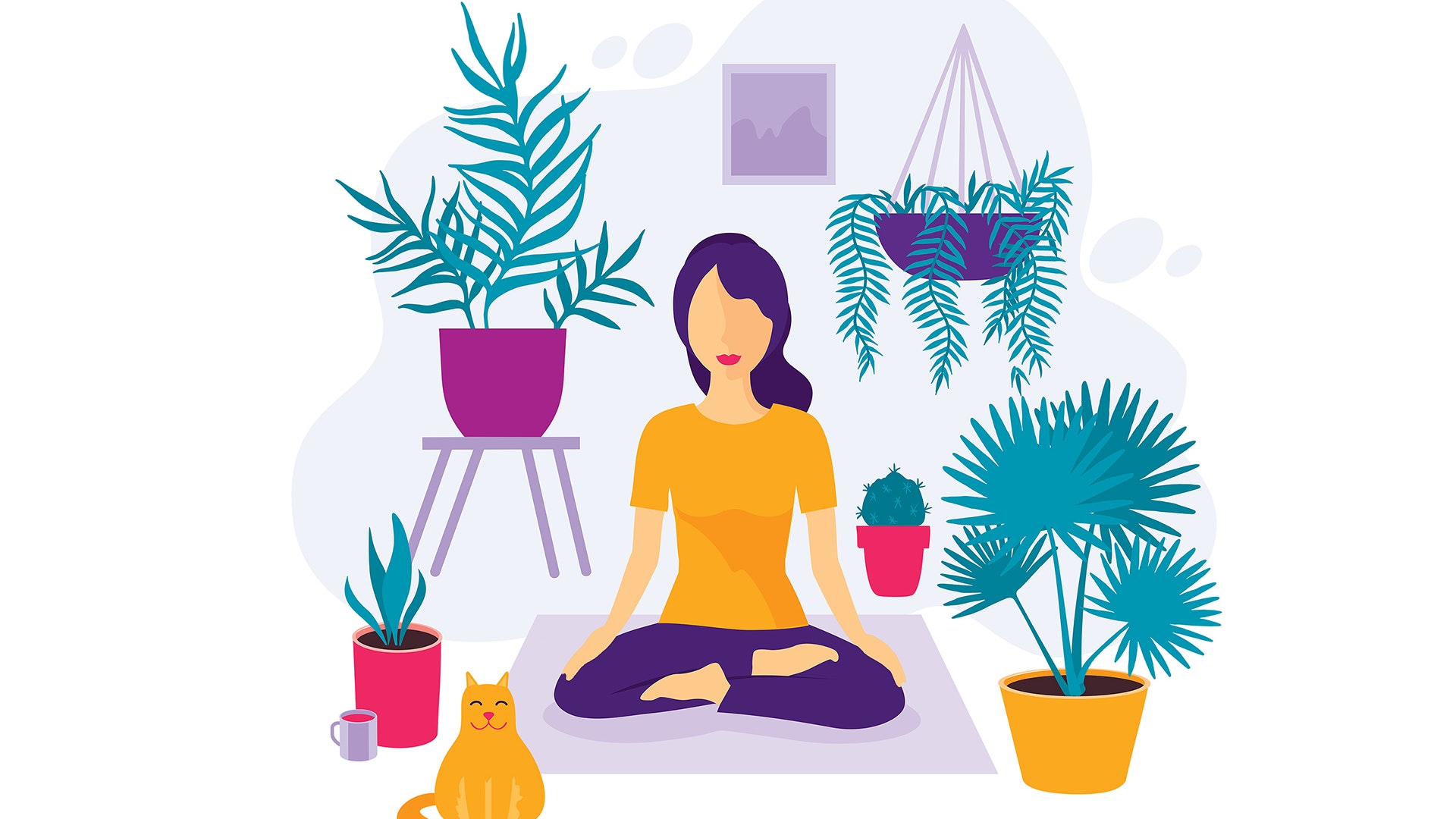 woman meditating surrounded by houseplants